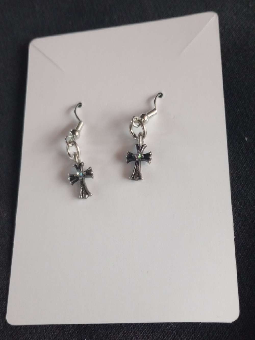 Silver Cross Dangle Earrings with Rhinestones